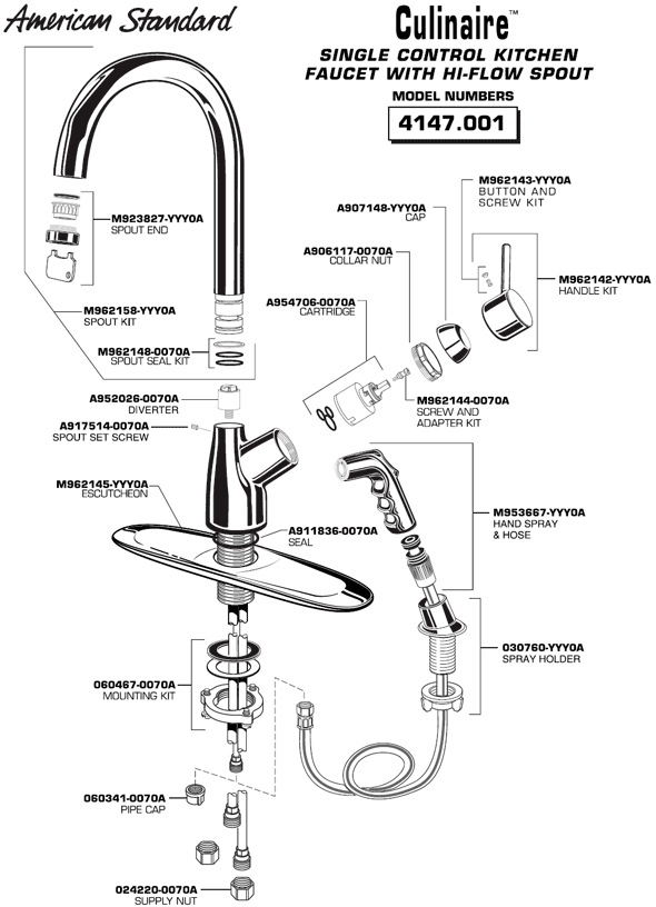 Culinaire Single Control Kitchen Faucet Parts Diagram Model 4147.001