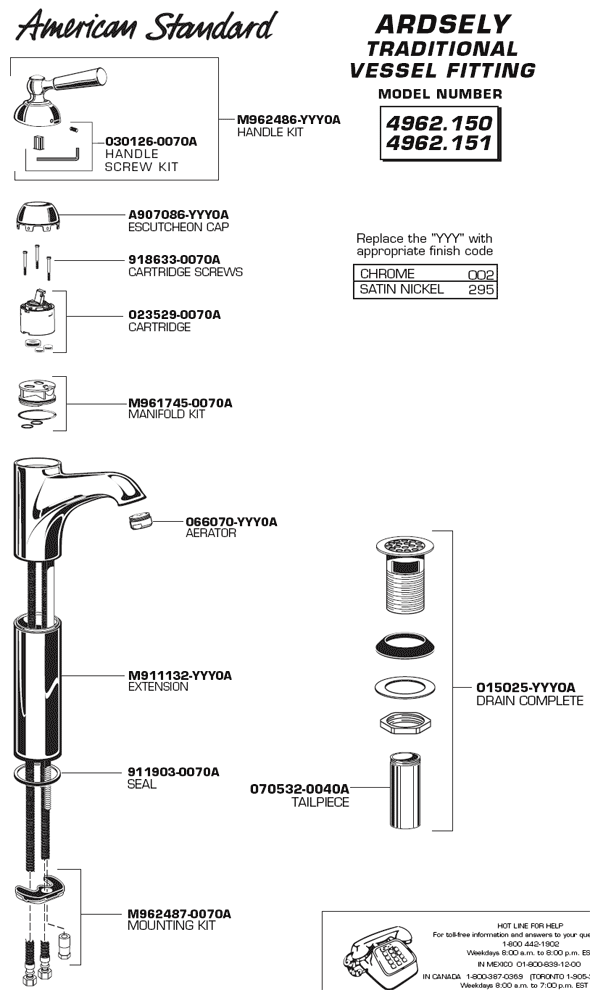 Diagram Of Parts For Ardsely Single Handle Bathroom Faucet Models 4962.150 & 4962.151