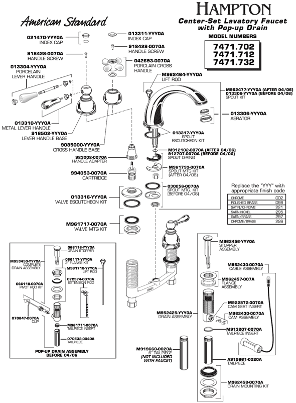 Parts Diagram For Hampton Two Handle Bathroom Faucet Models 7471.702, 7471.712, and 7471.732 
