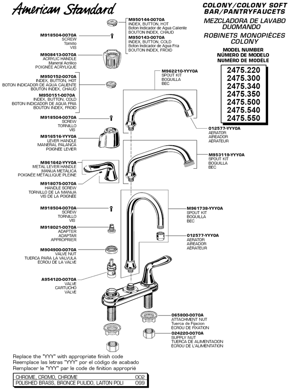 Colony Two Handle Kitchen Faucet Parts Diagram For Models: 2475.220, 2475.300, 2475.340, 2475.350, 2475.500, 2475.540, 2475.550 