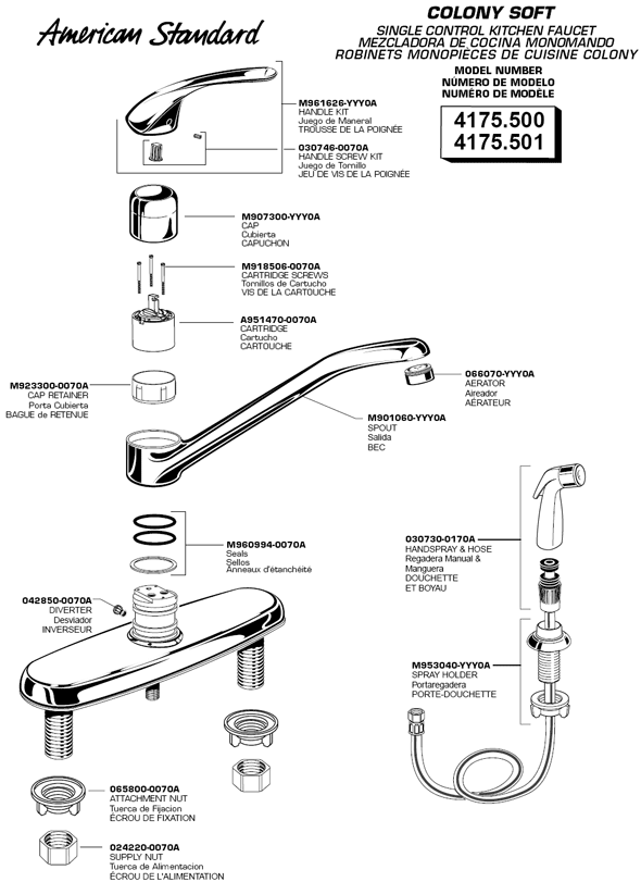 Colony Single Handle Kitchen Faucet Parts Diagram For Models 4175.500 & 4175.501