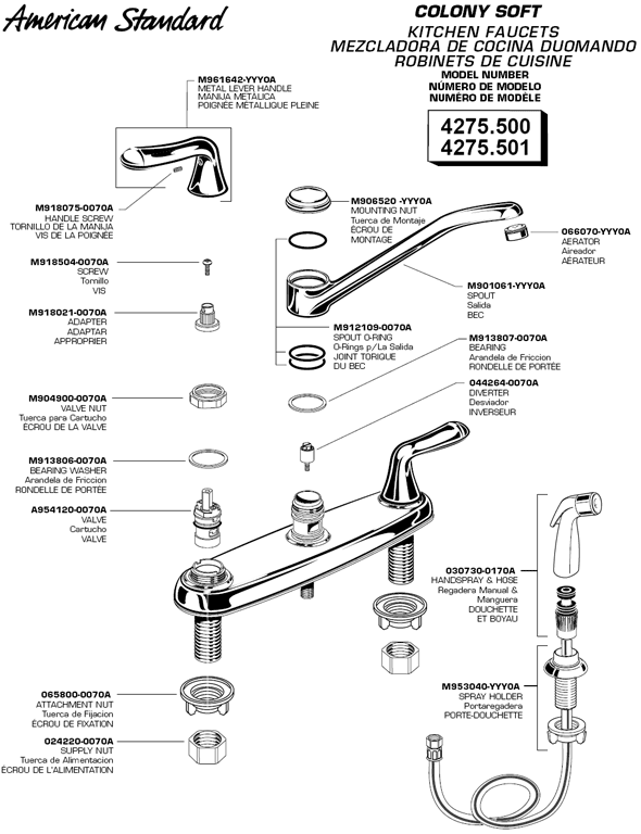Colony Two Handle Kitchen Faucet Parts Diagram For Models 4275.500 and 4275.501