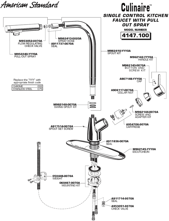 Culinaire Single Handle Kitchen Faucet Parts Diagram Model 4147.100