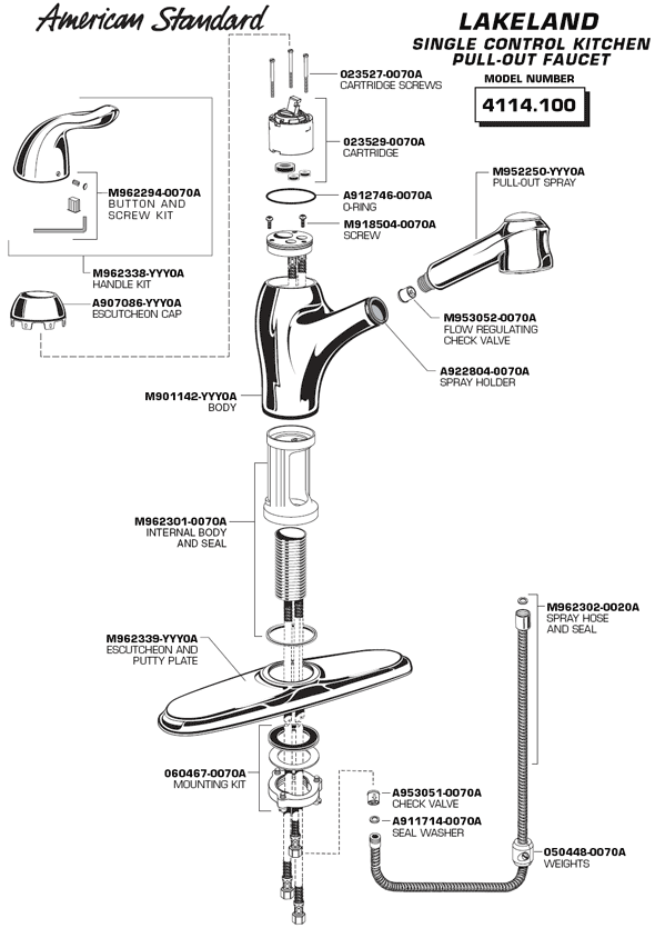 Parts Diagram For Lakeland Single Handle Kitchen Faucet Model 4114.100