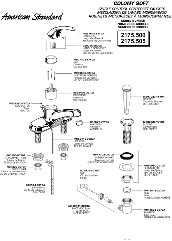 Diagram of Parts For Colony Soft Single Handle Bathroom Faucet Models 2175.500 and 2175.505