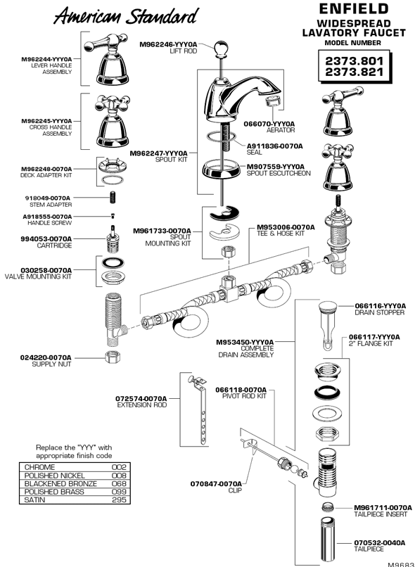 Parts Diagram For Enfield Two Handle Widespread Bathroom Faucet Models 2373.801 and 2373.821 