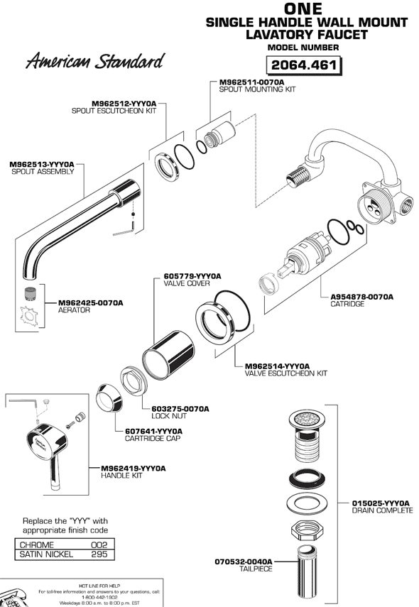 Parts Diagram For ONE Single Handle Wall Mount Bathroom Faucet Model 2064.461