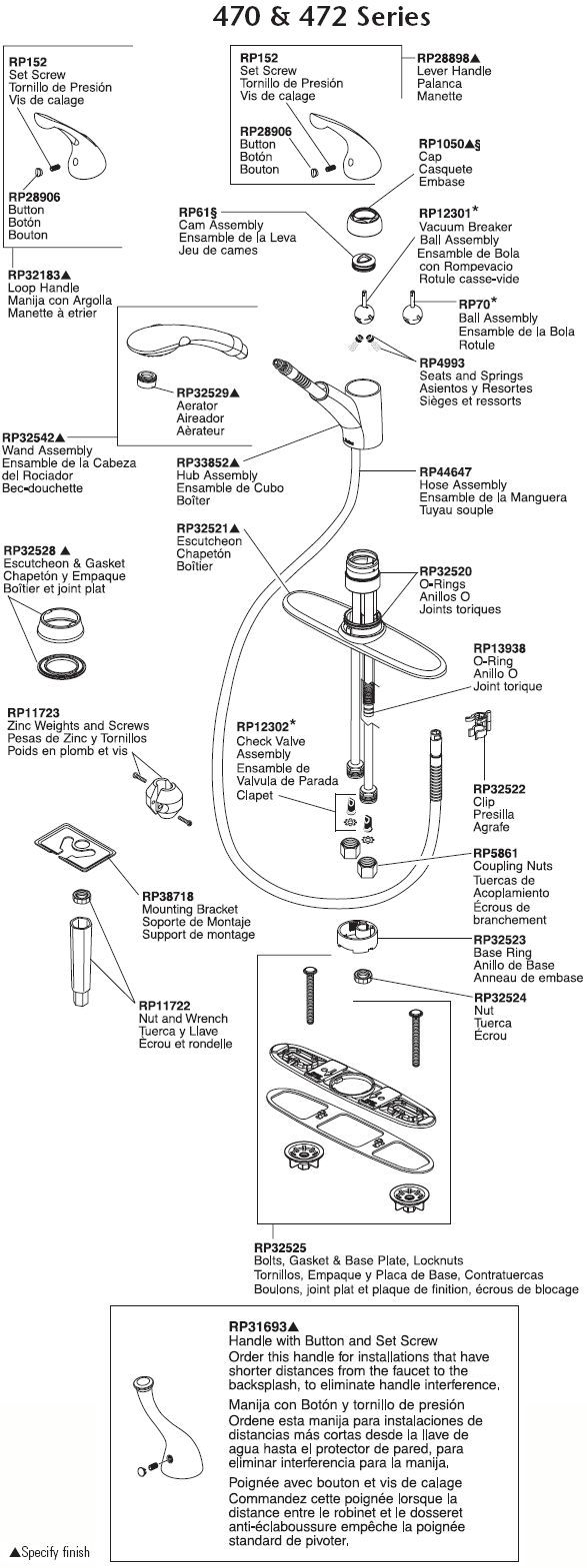 Signature Single Handle Faucet Parts Diagram Models: 470 & 472
