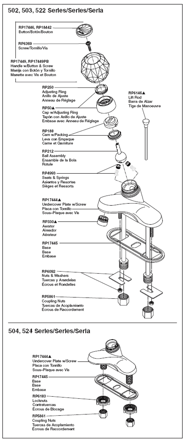 Parts Diagram For Single Handle Bathroom Faucet Models 502, 503, 504, 522, 524 