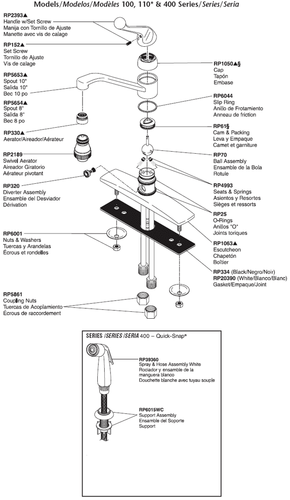 Parts Diagram For Delta Single Handle Kitchen Faucet Models 100, 110, 400