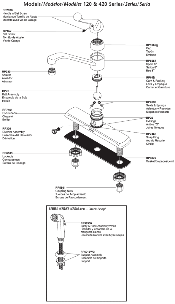 Parts Diagram For Delta Single Handle Kitchen Faucet Models 120 & 420 