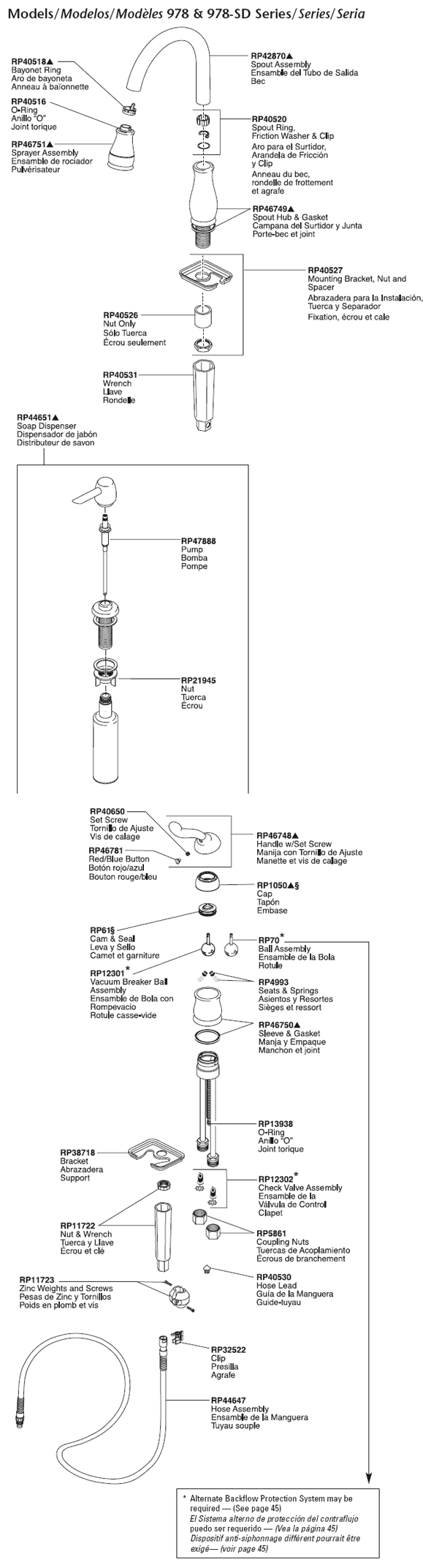 Parts Diagram For Delta Single Handle Kitchen Faucet Models 978 & 978-SD