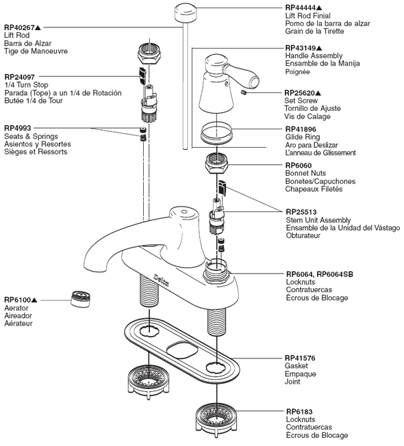 Diagram Of Parts For Classic Centerset Two Handle Bathroom Faucet Model 2542 Series